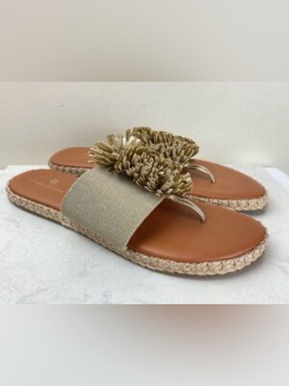 Tommy Bahama Gold Floral Pom Slide Sandals